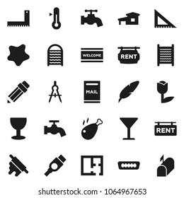 Flat vector icon set - water tap vector, splotch, welcome mat, washboard, rolling pin, thermometer, chicken leg, pen, pencil, corner ruler, drawing compass, glass, tulip, hdmi, cottage, mailbox