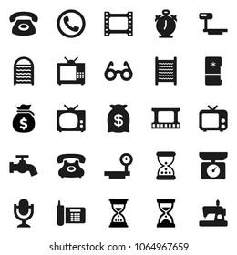 Flat vector icon set - water tap vector, washboard, glasses, alarm clock, money bag, sand, phone, big scales, film frame, tv, microphone, fridge, kitchen, sewing machine