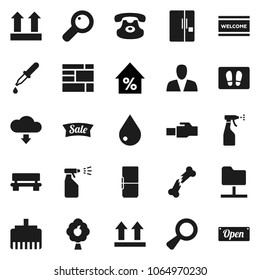 Flat vector icon set - water drop vector, welcome mat, sprayer, percent growth, consolidated cargo, top sign, classic phone, magnifier, dropper, broken bone, network folder, lan connector, bench