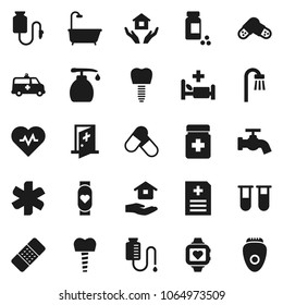 Flat vector icon set - water tap vector, liquid soap, house hold, heart pulse, pills vial, monitor, ambulance star, patch, bottle, anamnesis, hospital bed, amkbulance car, drop counter, medical room