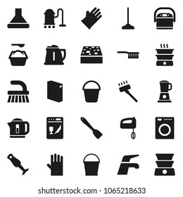Flat vector icon set - water tap vector, vacuum cleaner, fetlock, mop, bucket, sponge, washing powder, rubber glove, kettle, spatula, blender, washer, dishwasher, mixer, hood, multi cooker