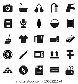 Flat vector icon set - water tap vector, scoop, welcome mat, bath, washboard, shower, camping cauldron, measuring cup, knife, microwave oven, copybook, compass, dollar coin, gold ingot, man, t shirt