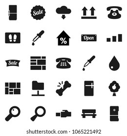 Flat vector icon set - water drop vector, welcome mat, percent growth, consolidated cargo, top sign, sorting, classic phone, magnifier, dropper, broken bone, network folder, lan connector, bench