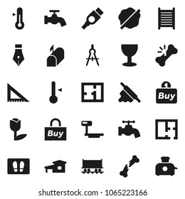 Flat vector icon set - water tap vector, splotch, welcome mat, washboard, rolling pin, thermometer, pen, corner ruler, drawing compass, Railway carriage, glass, tulip, big scales, hdmi, broken bone