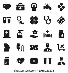 Flat vector icon set - water tap vector, liquid soap, house hold, pills vial, buttocks, first aid kit, no trolley, heart, doctor bag, pulse, patch, stethoscope, bottle, blister, hospital bed
