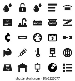 Flat vector icon set - water tap vector, thermometer, certificate, presentation, pie graph, dollar calendar, cent sign, measuring, muscule hand, earth, dry cargo, warehouse, weight, hdmi, syringe