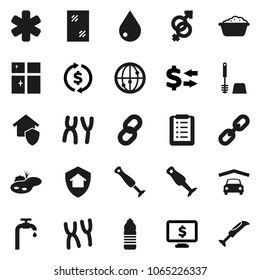 Flat vector icon set - water drop vector, window cleaning, toilet brush, foam basin, shining, blender, exchange, monitor dollar, bottle, internet, ambulance star, gender sign, chromosomes, chain