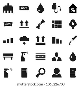 Flat vector icon set - water drop vector, welcome mat, sprayer, percent growth, consolidated cargo, top sign, sorting, magnifier, dropper, broken bone, counter, lan connector, bench, cloud download