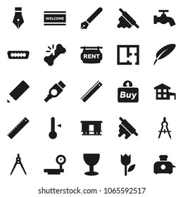 Flat vector icon set - water tap vector, welcome mat, rolling pin, thermometer, pen, pencil, ruler, drawing compass, glass, tulip, big scales, Railway carriage, hdmi, broken bone, cottage, plan, buy
