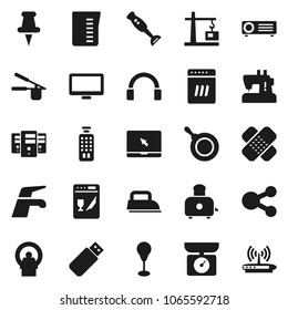 Flat vector icon set - water tap vector, pan, measuring cup, cook press, toaster, blender, punching bag, remote control, headphones, monitor, notebook pc, thumbtack, patch, tomography, server, share