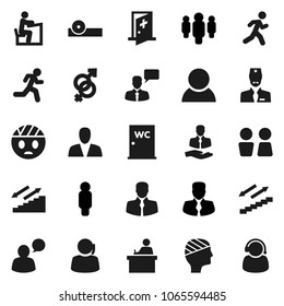 Flat vector icon set - water closet vector, student, manager, man, stairways run, support, client, speaking, gender sign, eye doctor hat, head bandage, medical room, consumer