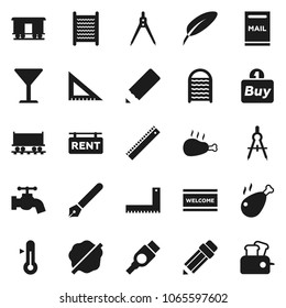 Flat vector icon set - water tap vector, splotch, welcome mat, washboard, thermometer, chicken leg, pen, pencil, corner ruler, drawing compass, Railway carriage, glass, hdmi, mailbox, rent signboard