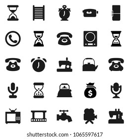 Flat vector icon set - water tap vector, washboard, kettle, alarm clock, money bag, sand, phone, film frame, video camera, microphone, classic, fridge, tv, kitchen scales, sewing machine