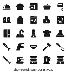Flat vector icon set - water tap vector, pan, kettle, colander, cook hat, whisk, meat hammer, toaster, double boiler, spices, blender, dish, jar, fridge, dishwasher, mixer, coffee maker, hood