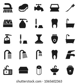 Flat vector icon set - water tap vector, fetlock, sponge, car, bath, toilet brush, liquid soap, paper, shower, sink, tooth, epilator