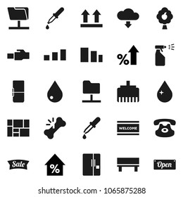 Flat vector icon set - water drop vector, welcome mat, sprayer, percent growth, consolidated cargo, top sign, sorting, classic phone, dropper, broken bone, network folder, lan connector, bench, sale