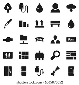 Flat vector icon set - water drop vector, welcome mat, consolidated cargo, top sign, sorting, magnifier, dropper, broken bone, counter, network folder, lan connector, bench, cloud download, consumer