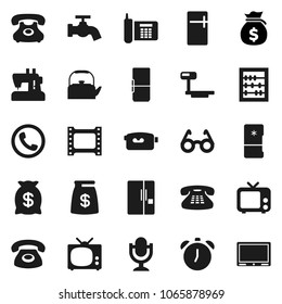 Flat vector icon set - water tap vector, kettle, glasses, alarm clock, abacus, money bag, phone, big scales, film frame, tv, video camera, microphone, classic, fridge, sewing machine