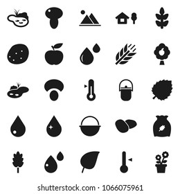 Flat vector icon set - water drop vector, camping cauldron, thermometer, cereal, mushroom, potato, leaf, diet, cereals, blood, chalet, pond, fruit tree, mountain, flower in pot
