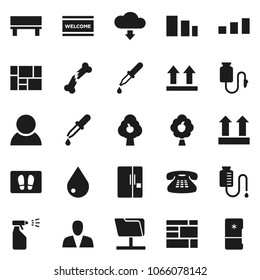 Flat vector icon set - water drop vector, welcome mat, sprayer, consolidated cargo, top sign, sorting, classic phone, dropper, broken bone, counter, network folder, bench, cloud download, fruit tree
