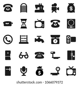 Flat vector icon set - water tap vector, washboard, glasses, abacus, money bag, sand clock, big scales, video camera, microphone, classic phone, fridge, tv, kitchen, sewing machine