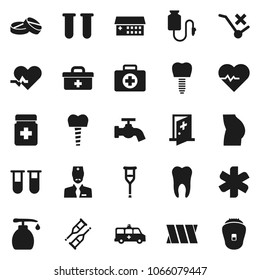 Flat vector icon set - water tap vector, liquid soap, heart pulse, buttocks, first aid kit, no trolley, doctor bag, ambulance star, vial, crutches, pills, bottle, hospital building, amkbulance car