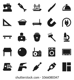 Flat vector icon set - water tap vector, vacuum cleaner, washer, foam basin, knife, toaster, blender, dish, corner ruler, microscope, magnet, fitball, skateboard, hdmi, jack, table, power plug, tv