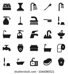 Flat vector icon set - water tap vector, fetlock, mop, sponge, car, bath, toilet brush, liquid soap, paper, shower, sink, epilator
