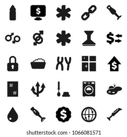 Flat vector icon set - water drop vector, car fetlock, window cleaning, toilet brush, washer, foam basin, shining, blender, exchange, dollar growth, medal, monitor, bottle, internet, ambulance star