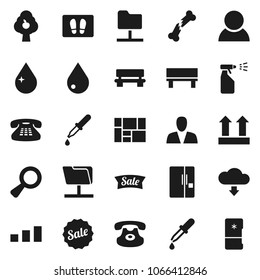 Flat vector icon set - water drop vector, welcome mat, sprayer, consolidated cargo, top sign, sorting, classic phone, magnifier, dropper, broken bone, network folder, bench, cloud download, consumer