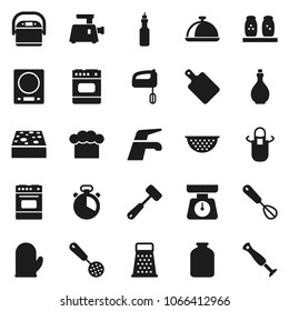 Flat vector icon set - water tap vector, sponge, oil, colander, scales, cook hat, apron, glove, timer, whisk, skimmer, meat hammer, cutting board, grater, oven, spices, dish, jar, mixer, grinder