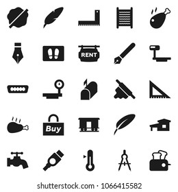 Flat vector icon set - water tap vector, splotch, welcome mat, washboard, rolling pin, thermometer, chicken leg, pen, corner ruler, drawing compass, big scales, Railway carriage, hdmi, cottage, buy