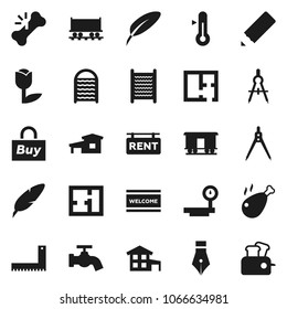 Flat vector icon set - water tap vector, welcome mat, washboard, thermometer, chicken leg, pen, pencil, corner ruler, drawing compass, Railway carriage, tulip, big scales, broken bone, cottage, plan
