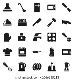 Flat vector icon set - water tap vector, sponge, plates, pan, kettle, cook hat, glove, whisk, skimmer, spatula, ladle, knife, meat hammer, hand mill, microwave oven, spices, dish, fridge, hood