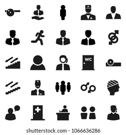 Flat vector icon set - water closet vector, student, manager, man, stairways run, support, client, speaking, doctor, gender sign, eye hat, head bandage, medical room, consumer