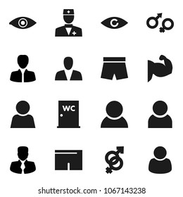Flat vector icon set - water closet vector, manager, muscule hand, shorts, doctor, eye, gender sign, user, consumer, customer