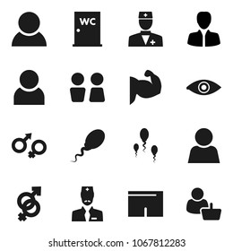 Flat vector icon set - water closet vector, manager, muscule hand, shorts, doctor, eye, gender sign, sperm, user, consumer, customer