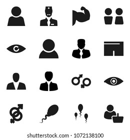 Flat vector icon set - water closet vector, manager, muscule hand, shorts, eye, gender sign, sperm, doctor, user, consumer, customer