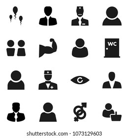 Flat vector icon set - water closet vector, manager, muscule hand, doctor, eye, gender sign, sperm, user, consumer, customer