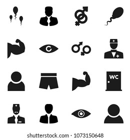 Flat vector icon set - water closet vector, manager, muscule hand, shorts, doctor, eye, gender sign, sperm, user, consumer