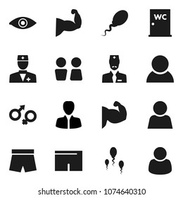 Flat vector icon set - water closet vector, manager, muscule hand, shorts, doctor, eye, gender sign, sperm, user, consumer, customer