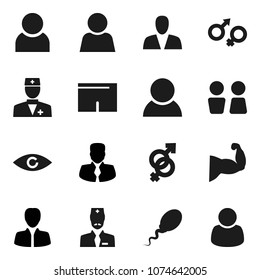 Flat vector icon set - water closet vector, manager, muscule hand, shorts, doctor, eye, gender sign, sperm, user, consumer, customer