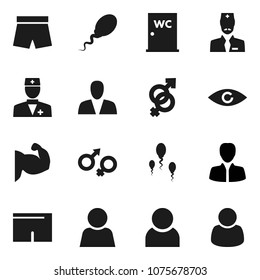 Flat vector icon set - water closet vector, manager, muscule hand, shorts, doctor, eye, gender sign, sperm, user, consumer, customer