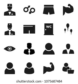 Flat vector icon set - water closet vector, manager, muscule hand, shorts, doctor, eye, gender sign, sperm, user, consumer, customer