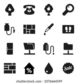 Flat vector icon set - water drop vector, welcome mat, percent growth, consolidated cargo, classic phone, magnifier, dropper, counter, network folder, fruit tree, fridge, sale