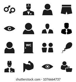 Flat vector icon set - water closet vector, manager, muscule hand, shorts, doctor, eye, gender sign, sperm, user, consumer, customer