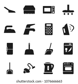Flat vector icon set - water tap vector, vacuum cleaner, scoop, sponge, iron, steaming, kettle, grater, microwave oven, fridge, dishwasher