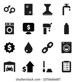 Flat vector icon set - water drop vector, car fetlock, window cleaning, toilet brush, washer, dollar growth, medal, monitor, bottle, gender sign, chain, supply, garage, shopping list