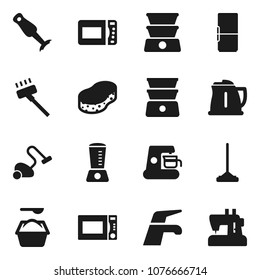 Flat vector icon set - water tap vector, vacuum cleaner, mop, sponge, washing powder, kettle, microwave oven, double boiler, blender, fridge, coffee maker, sewing machine