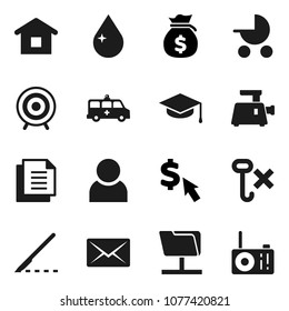 Flat vector icon set - water drop vector, graduate hat, money bag, dollar cursor, target, document, no hook, scalpel, amkbulance car, network folder, mail, user, home, baby stroller, meat grinder